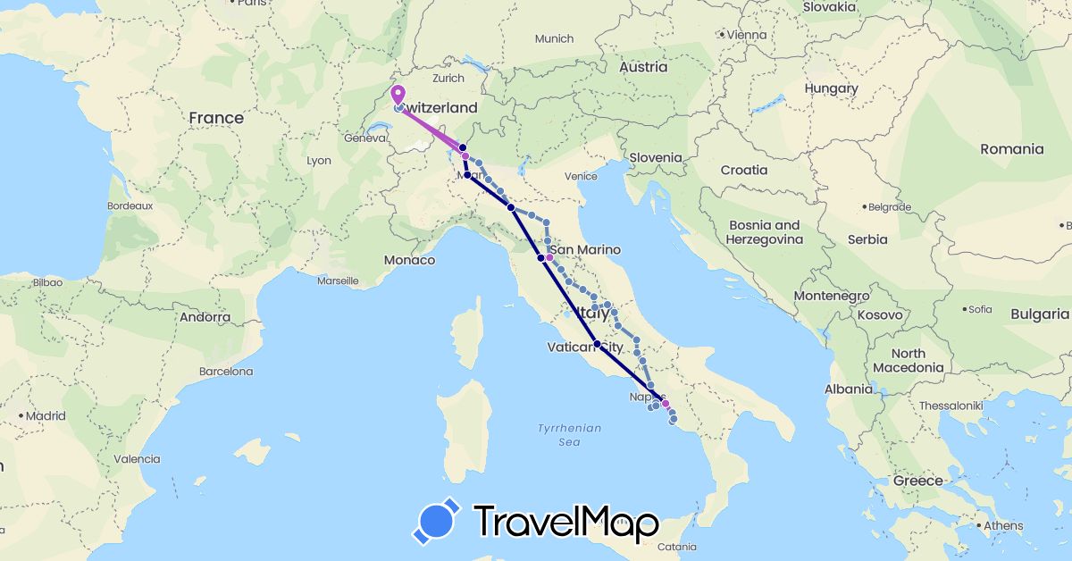 TravelMap itinerary: driving, cycling, train in Switzerland, Italy (Europe)
