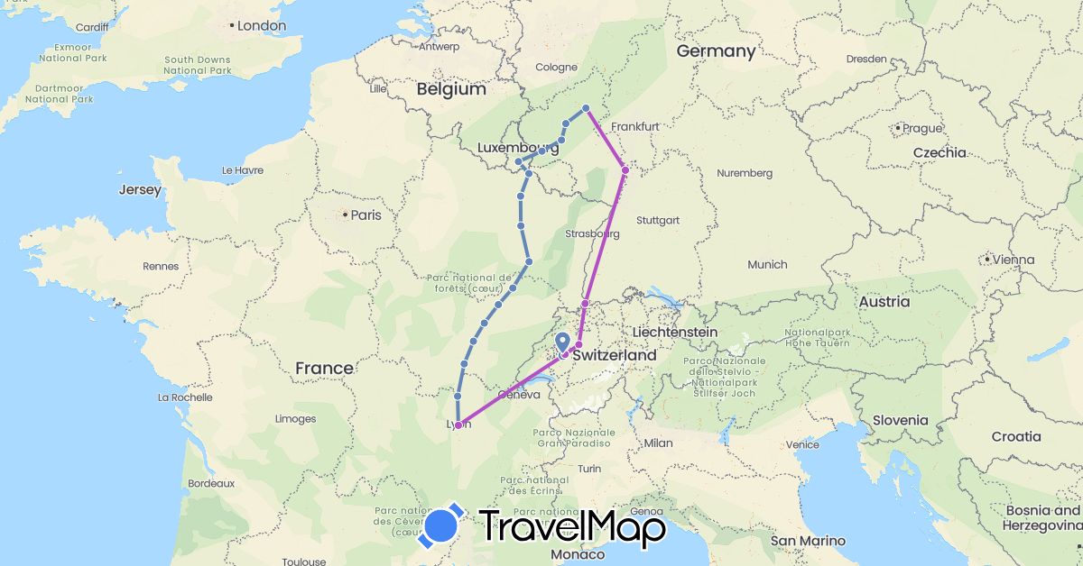 TravelMap itinerary: driving, cycling, train in Switzerland, Germany, France, Luxembourg (Europe)