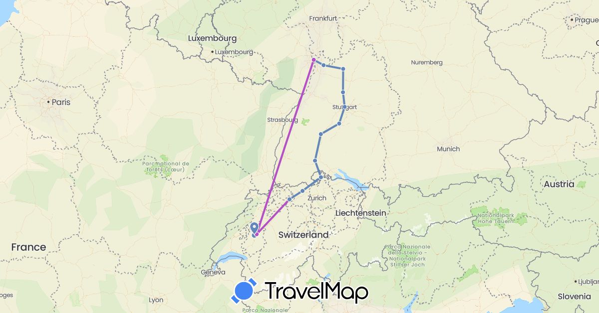 TravelMap itinerary: driving, cycling, train in Switzerland, Germany (Europe)