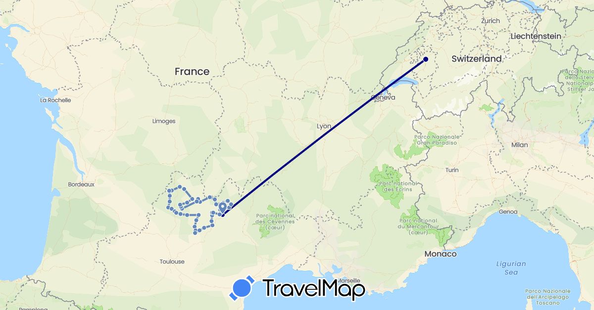 TravelMap itinerary: driving, cycling in Switzerland, France (Europe)
