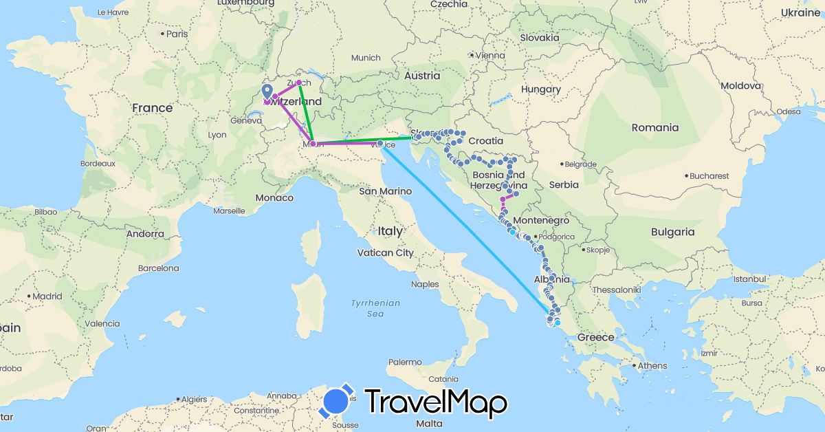 TravelMap itinerary: driving, bus, cycling, train, boat in Albania, Bosnia and Herzegovina, Switzerland, Greece, Croatia, Italy, Montenegro, Slovenia (Europe)