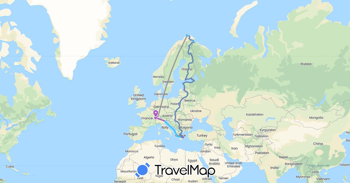 TravelMap itinerary: driving, plane, cycling, train, boat in Switzerland, Estonia, Finland, Greece, Croatia, Hungary, Italy, Lithuania, Latvia, Macedonia, Norway, Poland, Serbia, Russia, Slovakia (Europe)